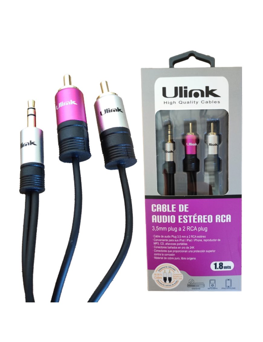 Cable de audio 3,5mm a 2 RCA de 1,8 mts de alta fidelidad, conectores