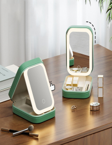Espejo cosmético con luz LED multifuncional, bolsa de cosméticos, caja de almacenamiento de joyas y cosméticos (blanco)