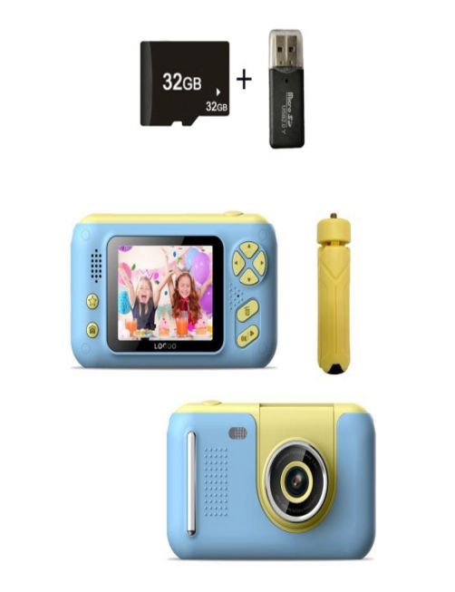 Camara-SLR-de-fotos-reversible-HD-para-ninos-de-24-pulgadas-color-amarillo-azul-tarjeta-de-memoria-32G-lector-de-tarjetas-TBD060