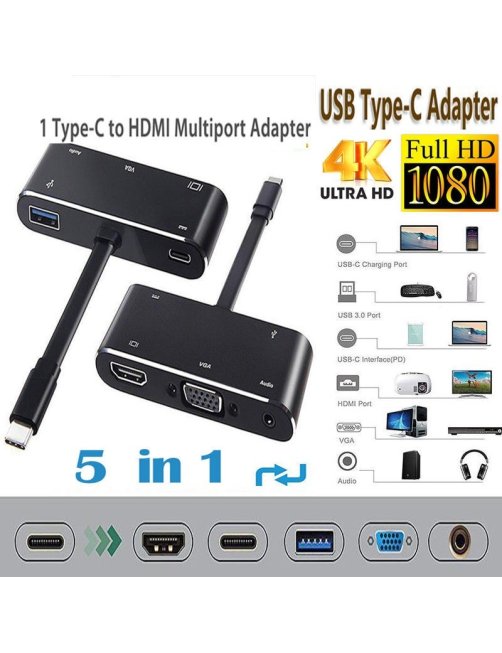 Adaptador USB C a HDMI 4K VGA Hub Audio Jack
