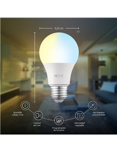 Ampolleta LED inteligente Nexxt Solutions Wi-Fi 220V - A19, color blanco regulable, 2 unidades NHB-W1202PK
